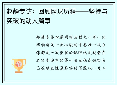 赵静专访:回顾网球历程——坚持与突破的动人篇章