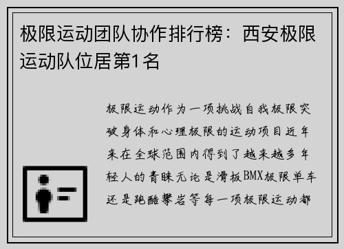 极限运动团队协作排行榜：西安极限运动队位居第1名